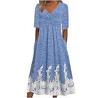 Women 3/4 Sleeve Cross Bandage Knit Ribbed A-Line Dress Summer Button Decoration Fashion V Neck High Waist Dresses