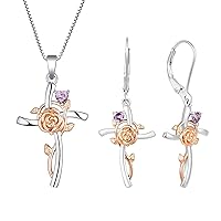 YL Cross Pendant Necklace 925 Sterling Silver Flower Rose Crucifix Dangle Earrings Created Amethyst Criss Jewelry for Women