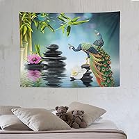 Zen Garden Tapestry Wall Hanging Peacock Green Bamboo Leaf Purple White Flower Black Stone Water Landscape Spa Themed Tapestries Home Decor for Living Room Bedroom 30