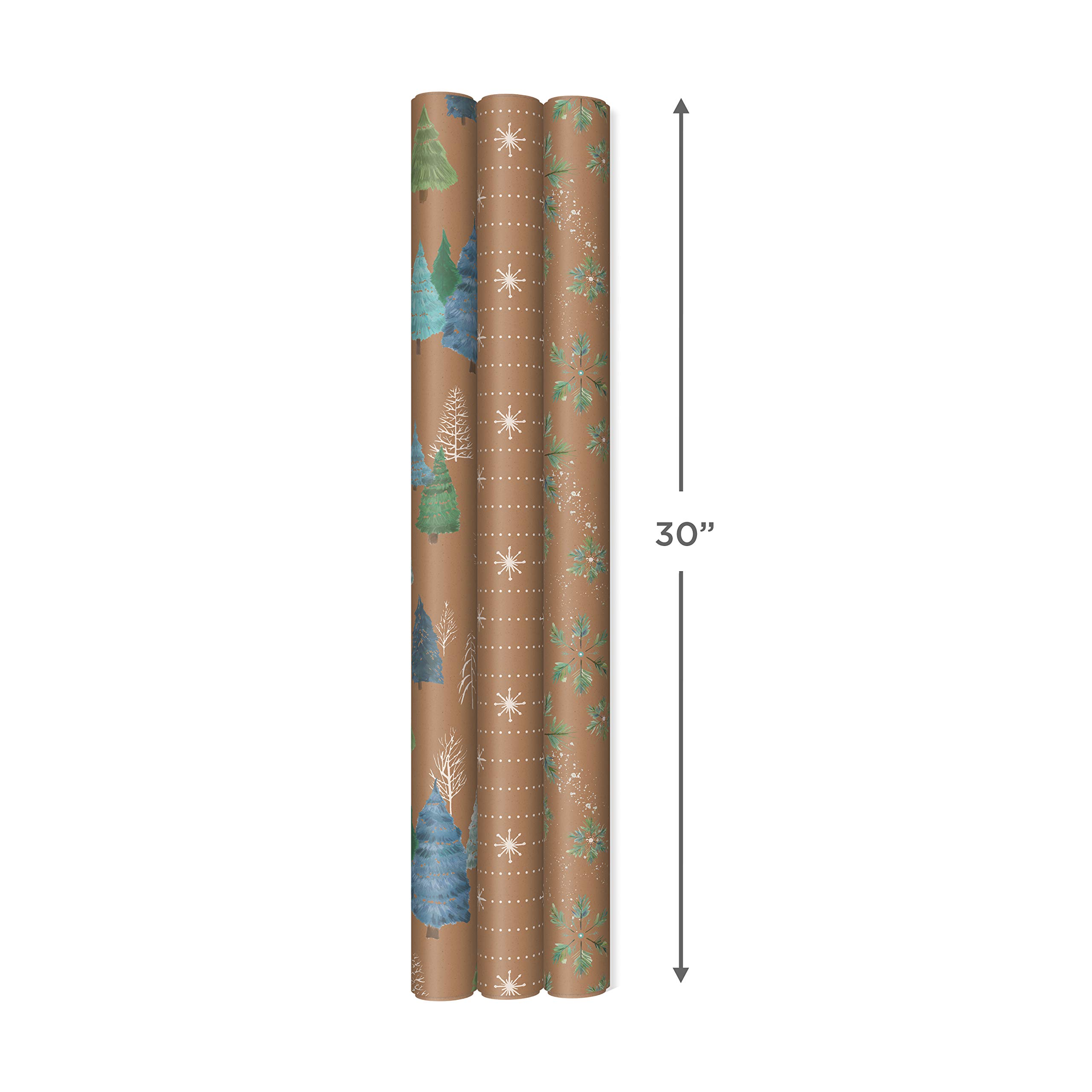 Hallmark Holiday Sustainable Kraft Tri-Pack with Cut Lines on Reverse (3 Rolls: 90 sq. ft. ttl) Wintry Nature: White Snowflakes, Blue and Green Foliage, Christmas Trees, Sustainable Holiday Wrap (0005JXW1051)