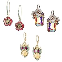 3 Pairs Gold Flower Drop Dangle Earrings Set for Women,Small Flower Heart Earrings Flower Cluster Stone Owl Earrings Jewelry Gift for Women Mom Gifts