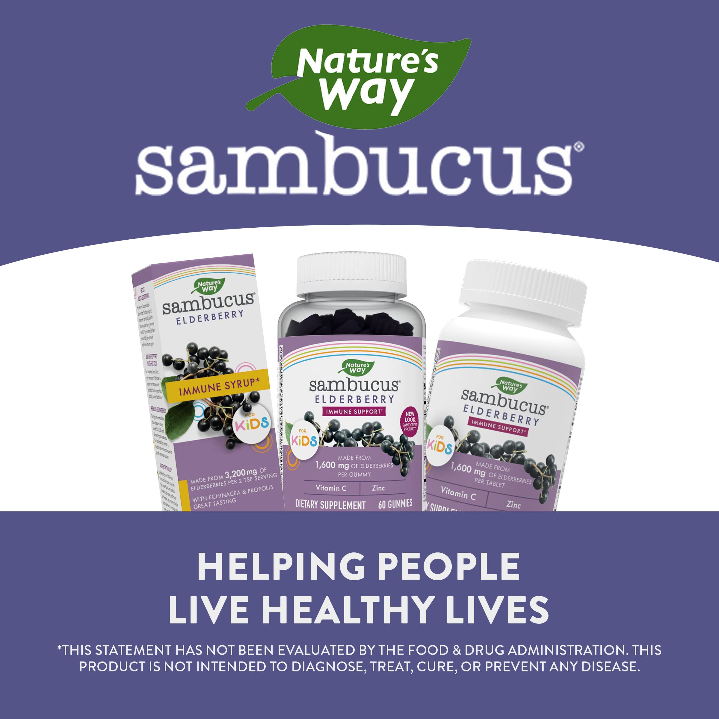 Nature's Way Sambucus Elderberry Gummies with Vitamin C and Zinc for Kids, Immune Support*, Berry Flavored, 60 Gummies