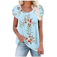 Womens Floral Petal Short Sleeve Tunic Tops Summer Round Neck Elegant T-Shirts Lounge Loose Fit Comfy T-Shirts for Leggings