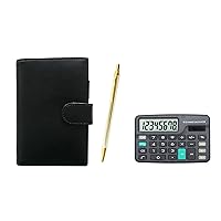 T23-D-LS002B-Z66KB Eco B7 Cowhide Leather Mini Personal Notebook Black Z66 Full Body Gold Hex Knock Metal Ballpoint Pen Set with Mini Calculator