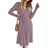 ZESICA Women's 2024 Fall Long Sleeve Wrap V Neck Ribbed Knit Pleated A Line Pullover Sweater Dress with Belt