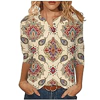 Womens Tops 3/4 Length Sleeves Button Down Casual Summer Shirts Loose Fit Three Quarter Length Sleeve Blouse