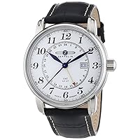 Zeppelin Second Time Zone GMT Black Leather Strap Watch with Date Function