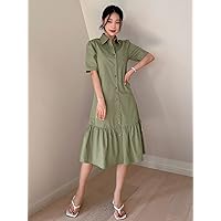 2023 Women's Dresses Solid Ruffle Hem Shirt Dress Women's Dresses (Color : Green, Size : Large)