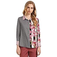 Women's Retro Top Checked Pink Camellia Tee Shirt Long Sleeved Shirt Dressy Tops Ladies Office Blouse