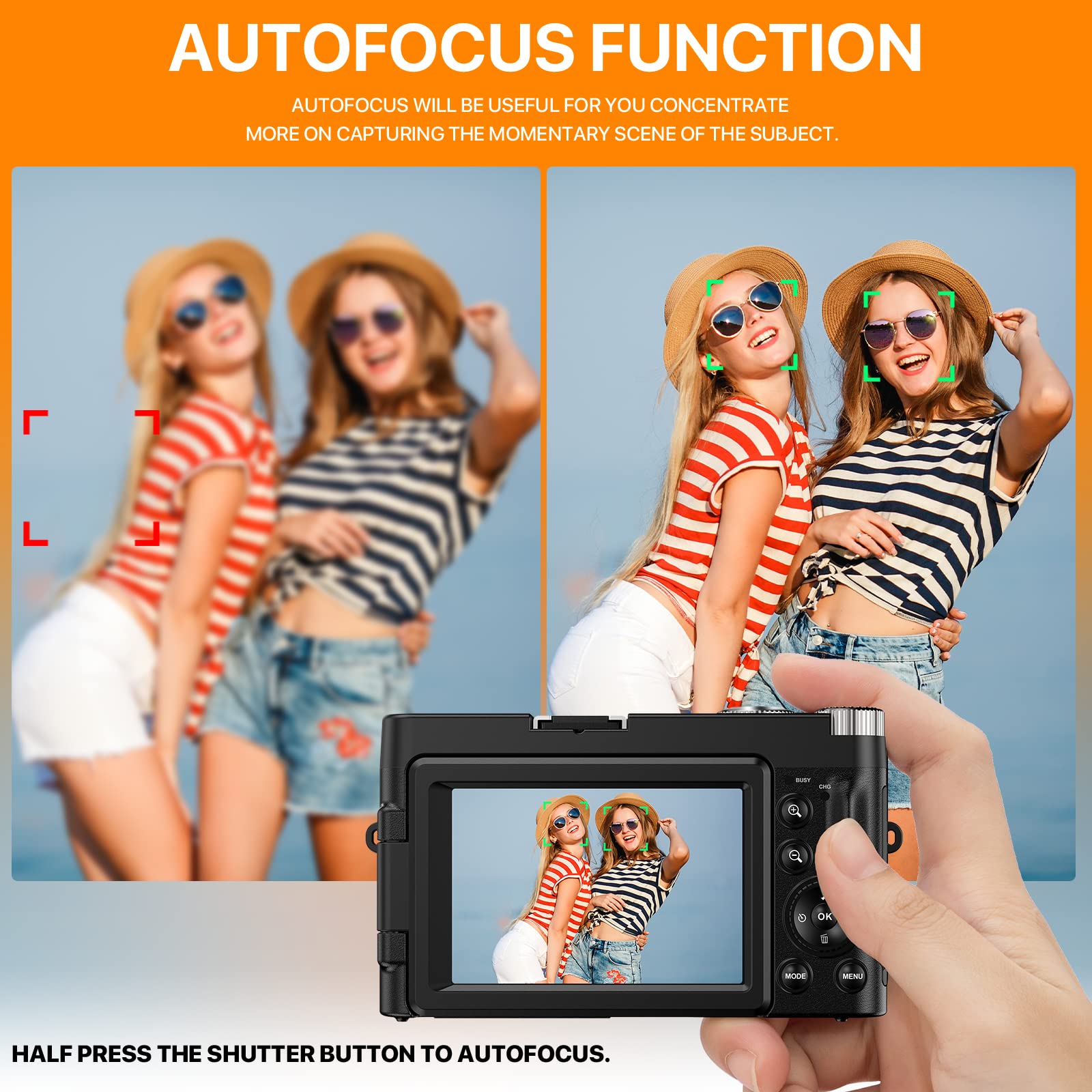 4K Digital Camera for Photography with 3'' 180°Flip Screen, Autofocus 48MP Vlogging Cameras for YouTube Compact Camera with 16X Digital Zoom 32GB SD Card, 2 Batteries and Charging Stand for Travel
