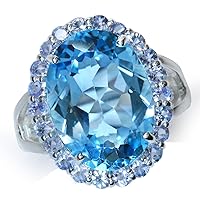 HUGE 16.03ct. Genuine Blue Topaz & Tanzanite 925 Sterling Silver Cocktail Ring Size 7