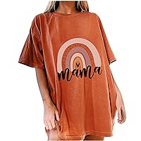 Womens Oversized T-Shirts Mama Graphic Tee Tops Summer Drop Shoulder Crew Neck Rainbow Shirts Vintage Casual Loose Tunics