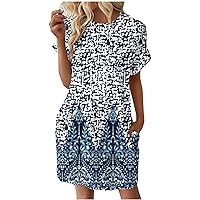 Summer Dresses for Women 2024 Casual Solid Color Crew Neck Loose Short Sleeve Beach Dress with Pocket