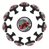 12 Pcs Cabinet Knobs Race Car with Finish Line Flags Pilot and Flames, Round Crystal Glass Drawer Dresser Wardrobe Handles Pulls Door Cupboard Hardware Knob with Screws for Home Kitchen