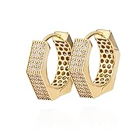 NKlaus Pair of 18 mm Creole Earrings 585 Yellow Gold 14 Carat Folding Hoop Earrings 8 Square Sparkling Zirconia White Women's Gold Earrings with Timeless Design 11400, Yellow Gold