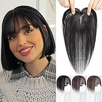 Human Hair Topper with 3D Fringe for Women Real Human Hair,Silk Base Hair Topper Bangs Hair Clip in Topper Hair Pieces for Women with Thinning Hair 8Inch Black Color