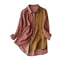 Women Tropical Style Button Down Cotton Linen Shirts Summer Lapel Long Sleeve Casual Color Block Beach Blosues Tops