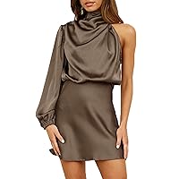 Women's Satin Long Sleeve One Shoulder Mini Dress Silk One Sleeve Turtle Neck Cut Out Cocktail Short Dress for Women