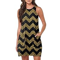 Vacation Outfits for Women, Summer Dresses Sleeveless Casual Loose Swing Elastic Waist Print Midi Dresses Maxi Casual (M, Gold)