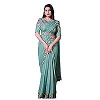 Sea Green Indian Fancy Embellished BLouse One Minute Saree & Waist Belt Ready To Wear Sari 2528