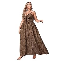 Womens Plus Size Dresses Summer Spaghetti Strap Sleeveless Leopard Print Bow Front Flowy Maxi Dress