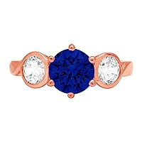 Clara Pucci 1.82ct Round Cut 3 stone Solitaire Simulated Blue Sapphire designer Statement with accent Ring Solid 14k Pink Rose Gold