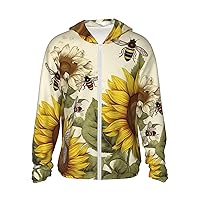 Bees Sunflowers Print Sun Protection Hoodie Jacket Full Zip Long Sleeve Sun Shirt With Pockets For Outdoor