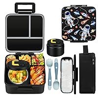 MAISON HUIS Kids Bento Lunch Box Set With 8oz Soup Thermo, Leakproof Lunch Containers with 5 Compartment, Thermo Hot Food Jar and Insulated Lunch Bag, BPA Free,Travel, School -Black (Astronaut)