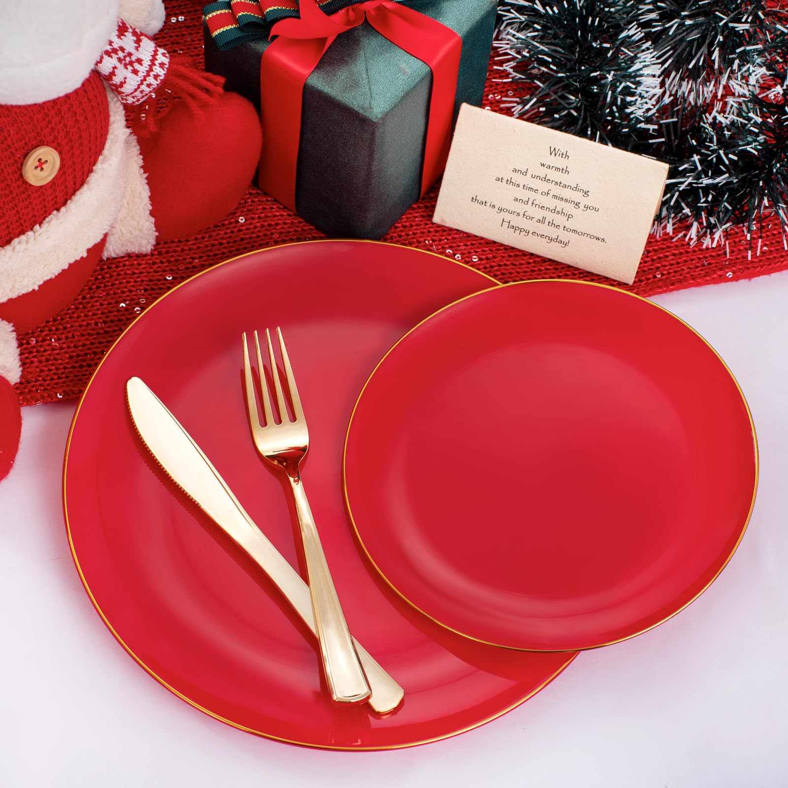 PULOTE 100PCS Red Plastic Plates - Heavy Duty Red Plates Disposable - Red Disposable Plates Include 50PCS Red Dinner Plates 10.25inch,50PCS Red Dessert Plates 7.5inch for Party&Valentine