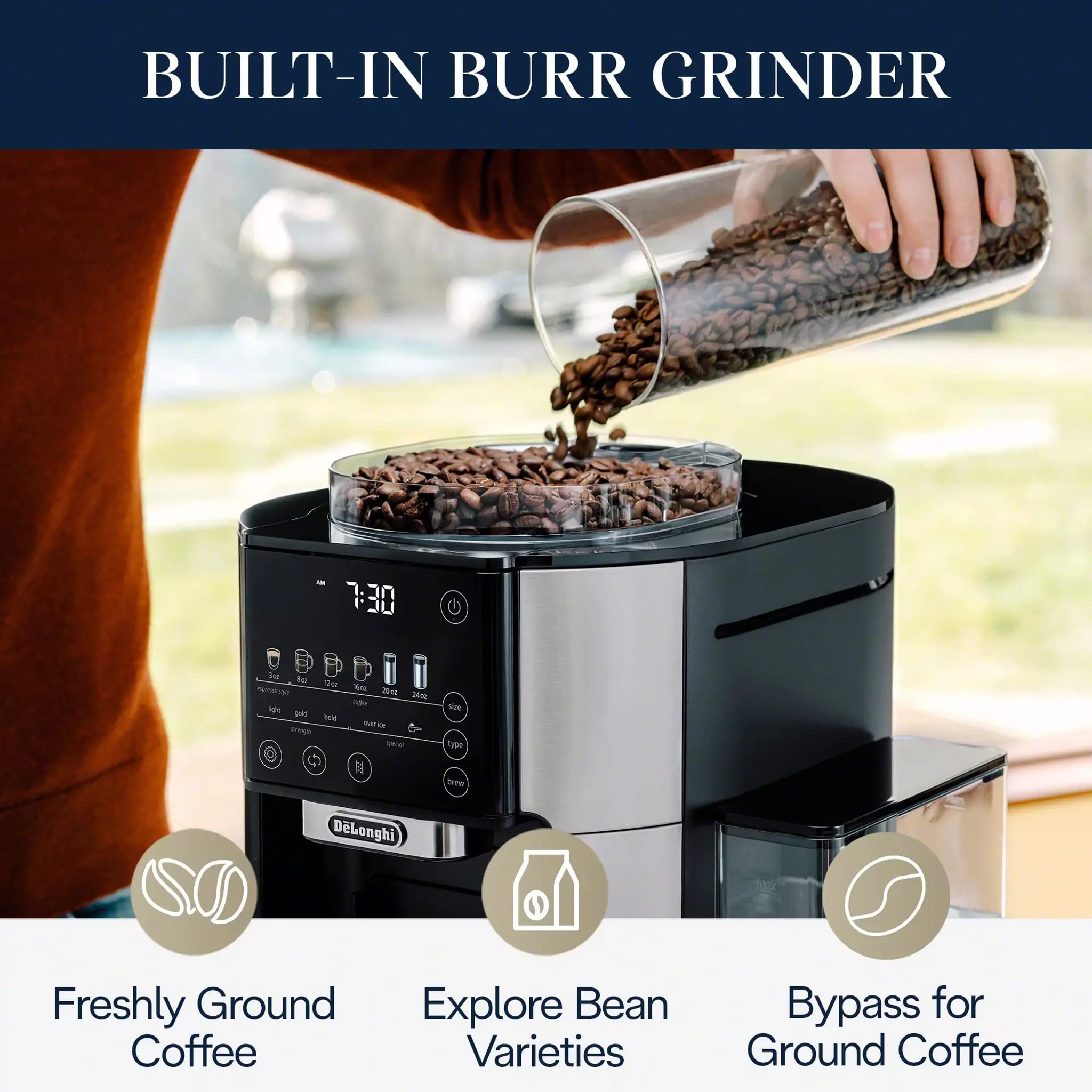 De'Longhi TrueBrew Drip Coffee Maker, Built in Grinder, Single Serve, 8 oz to 24 oz, Hot or Iced Coffee, Stainless, CAM51025MB