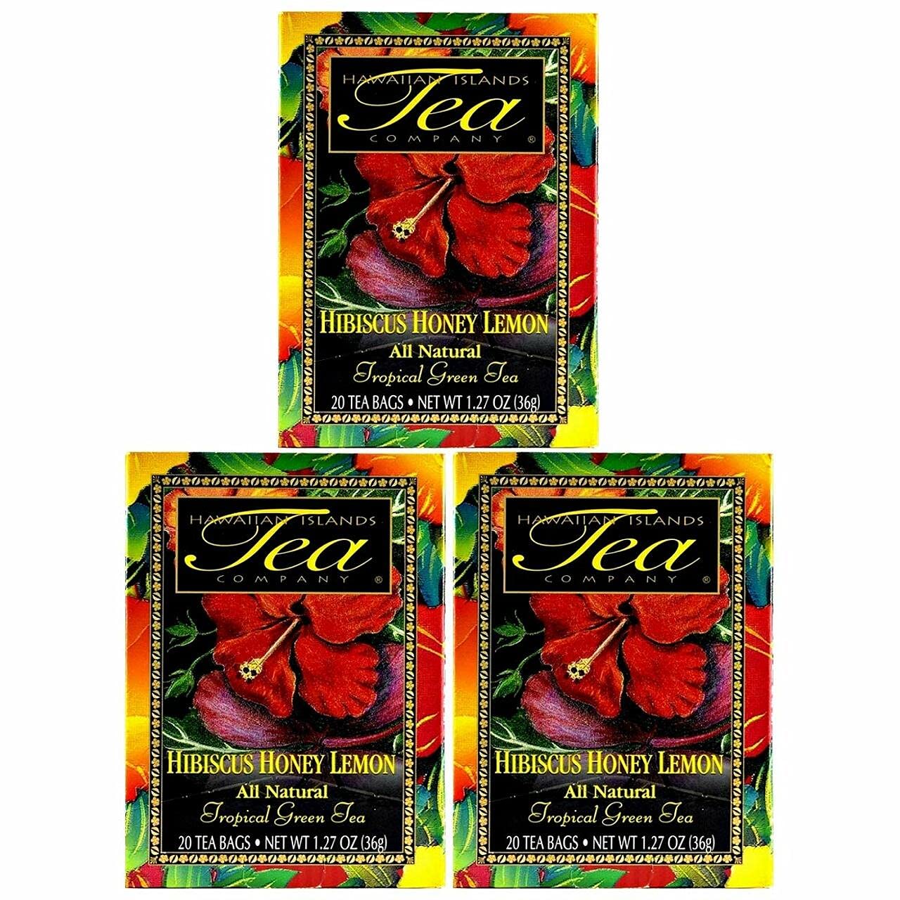Hawaiian Islands Hibiscus Honey Lemon Tropical Green Tea, All Natural - 20 Teabags (6 Boxes)