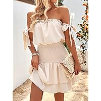 Dresses for Women - Off Shoulder Knot Side Ruffle Hem Dress (Color : Apricot, Size : Small)