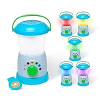 Melissa & Doug Let’s Explore Light & Sound Camping Lantern Play Set, lantern, 3 double-sided cards to set the scene (cards store in bottom of lantern), collectible medallion