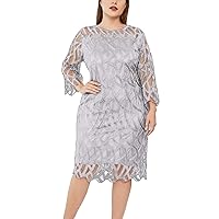 Plus Size Summer Dress for Women Hollow Out Flared 3/4 Sleeve Mesh Sheer See Through Midi Dress Cocktail Party Dress