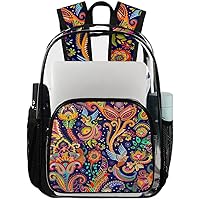 Paisley Colorful Clear Backpack Heavy Duty Transparent Bookbag for Women Men See Through PVC Backpack for Security, Work, Sports, Stadium