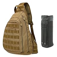 Wolf Brown Tactical Sling Crossbody Backpack Pack Military Rover Shoulder Bag and Black Tactical Water Bottle Holder Molle System Travel Bag (pack of 2)