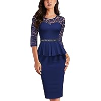 Miusol Women's Elegant Floral Lace Ruffle Style Beaded Contrast 3/4 Sleeve Cocktail Party Dress