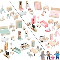 Wooden Dollhouse Furniture Set, 72pcs Furnitures with 8 Family Dolls, Dollhouse Accessories Pretend Play Furniture Toys