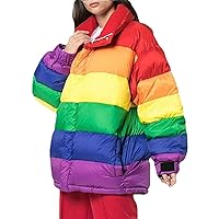 Women Winter Quilted Jacket Thicken Rainbow Stripes Jacket Outdoor Jacket