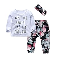 KuKitty 3Pcs Baby Girl Outfits Set Long Sleeve T-Shirt Tops Flowers Pants with Headband