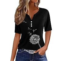 Short Sleeve Shirts for Women Casual Sequin Printed V-Neck Decorative Button T-Shirt Top