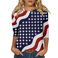 Womens Patriotic Shirts,Women's Fashion Casual Seven Sleeve Retro Independence Day Printed Round Neck Top