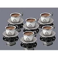 Espresso Coffee Cups with Saucers Set of 6, Porcelain Turkish Arabic Greek Coffee Cup and Saucer, Coffee Cup For Women, Men, Adults, New Home Wedding Gifts - Silver/White by LaModaHome