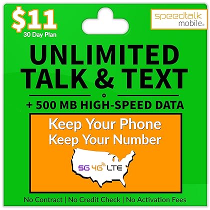 SpeedTalk Mobile Cellular Plan for Smart Phones & Cellphones - Unlimited Talk & Text + 500 MB Data - 5G/4G/LTE Nationwide Coverage - 30 Day Service - Universal SIM Card Included
