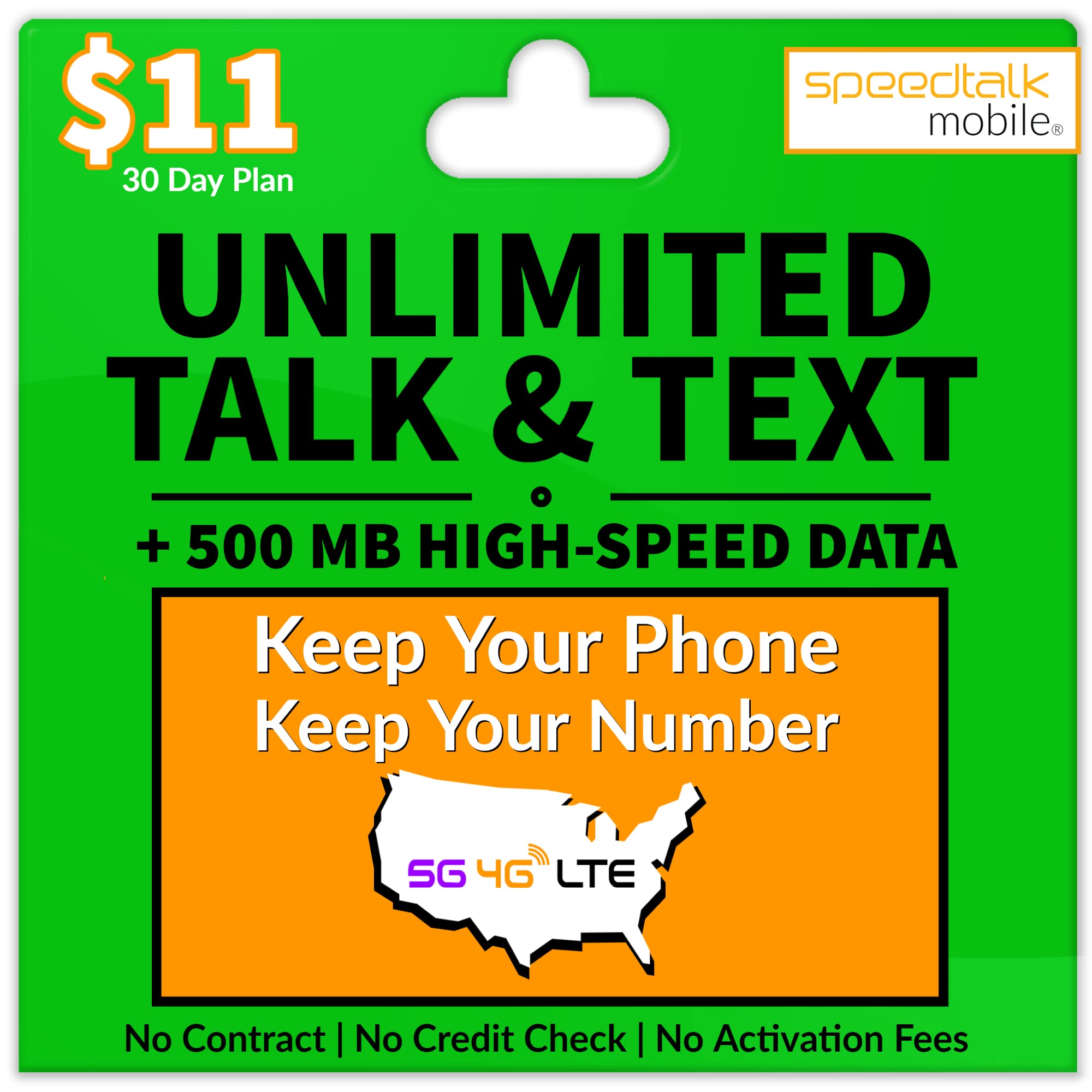 SpeedTalk Mobile Cellular Plan for Smart Phones & Cellphones - Unlimited Talk & Text + 500 MB Data - 5G/4G/LTE Nationwide Coverage - 30 Day Service - Universal SIM Card Included