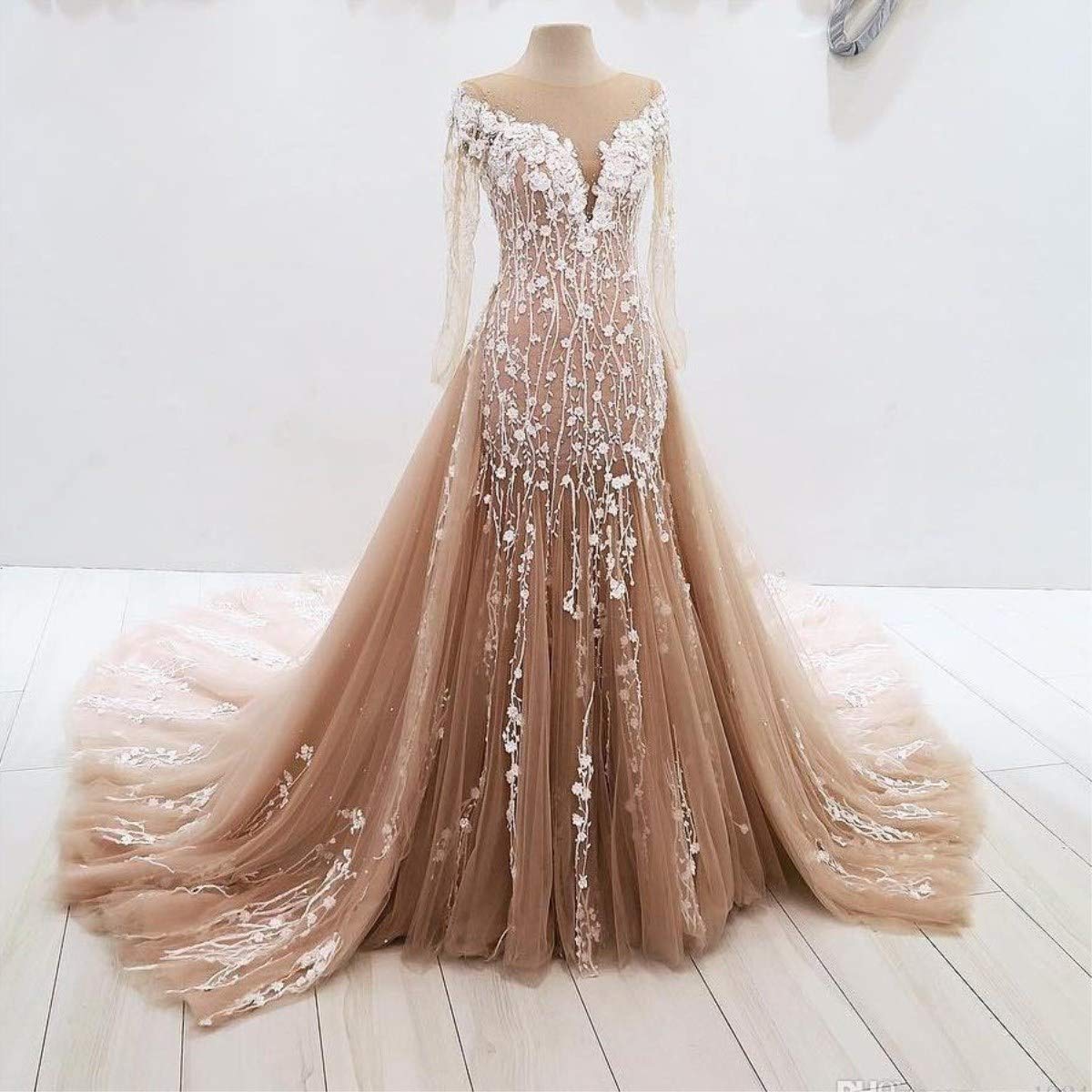Aries Tuttle Gold Mermaid Wedding Party Evening Dress Prom Gown Detachable Train