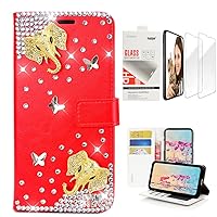 STENES Bling Wallet Case Compatible with iPhone XR - 3D Handmade Elephant Butterfly Design Leather Case with Wrist Strap & Screen Protector [2 Pack] - Red
