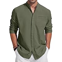 Mens Linen Casual Button Down Shirts Band Collar Roll-up Sleeve Beach Vacation Pocket Shirts