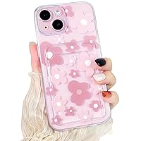 NITITOP Compatible for iPhone 15 Case Clear with Card Holder, Cute Floral Flower Phone Cover for Women Girl, Protective Soft TPU Shock-Absorbing Wallet Case for iPhone 15 - Pink Floral