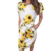 Semi Formal Dresses for Women Plus Size Ball Gown,Women Vintage Short Sleeves Dress Sunflower Pocket Tie Front